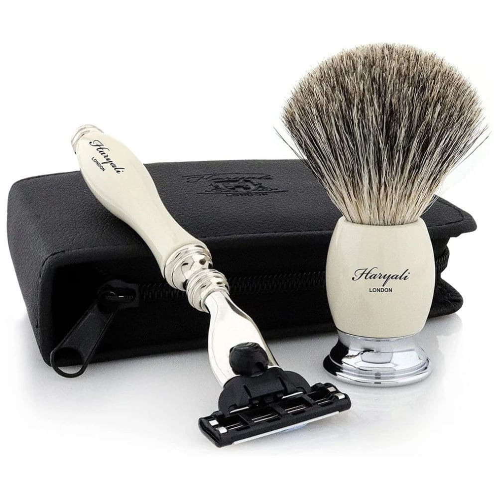 Haryali London 3Pcs Shaving Kit with 3 Edge Razor & Super Badger Brush with Leather Pouch - Shaving Gift Set