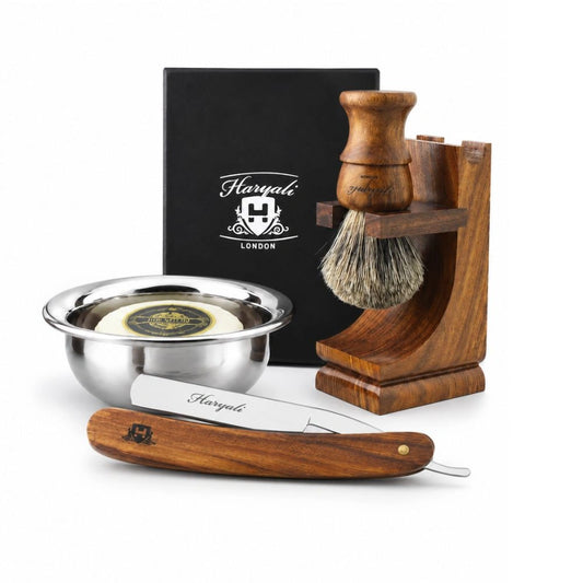 Wooden 5 Pc Cut Throat Razor Set with Synthetic Brush