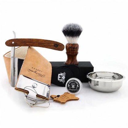 Wooden Straight Razor Shaving Kit with Silver Tip brush