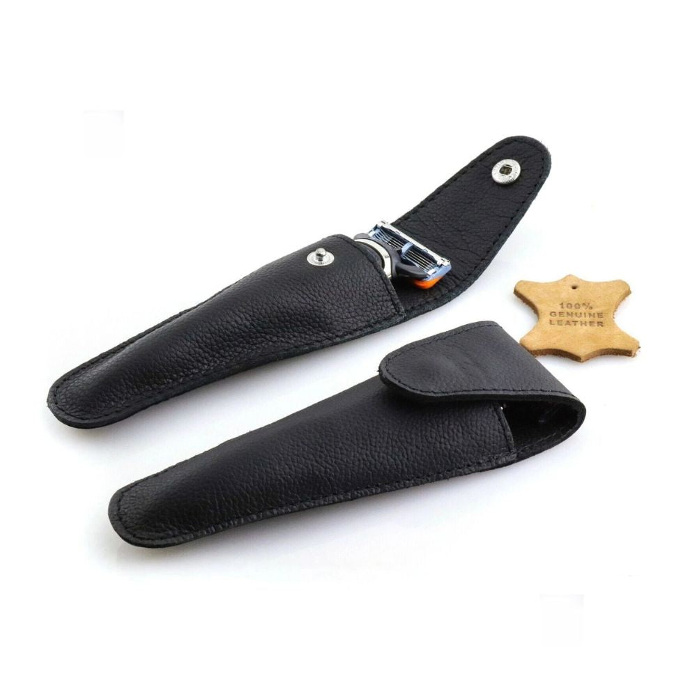 Black Leather Razor Pouch Travel Case for 5 Blade Razors