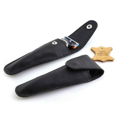 Black Leather Razor Pouch Travel Case for 5 Blade Razors - HARYALI LONDON