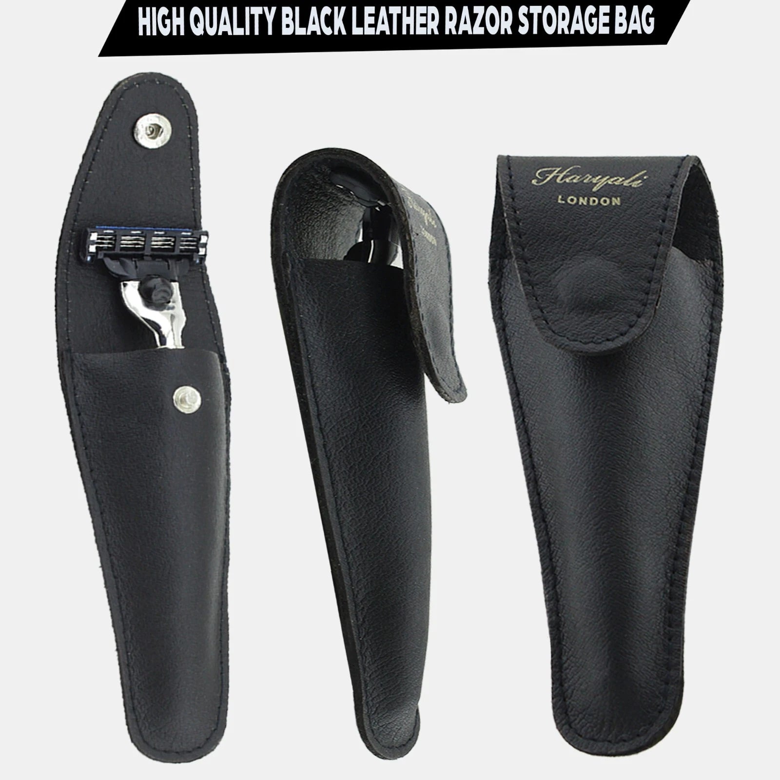 Black Leather Razor Pouch Travel Case for 5 Blade Razors - HARYALI LONDON