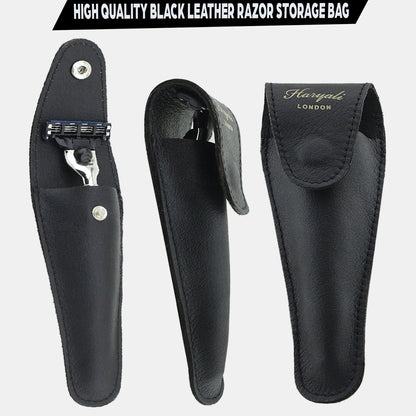 Black Leather Razor Pouch Travel Case for 5 Blade Razors - HARYALI LONDON
