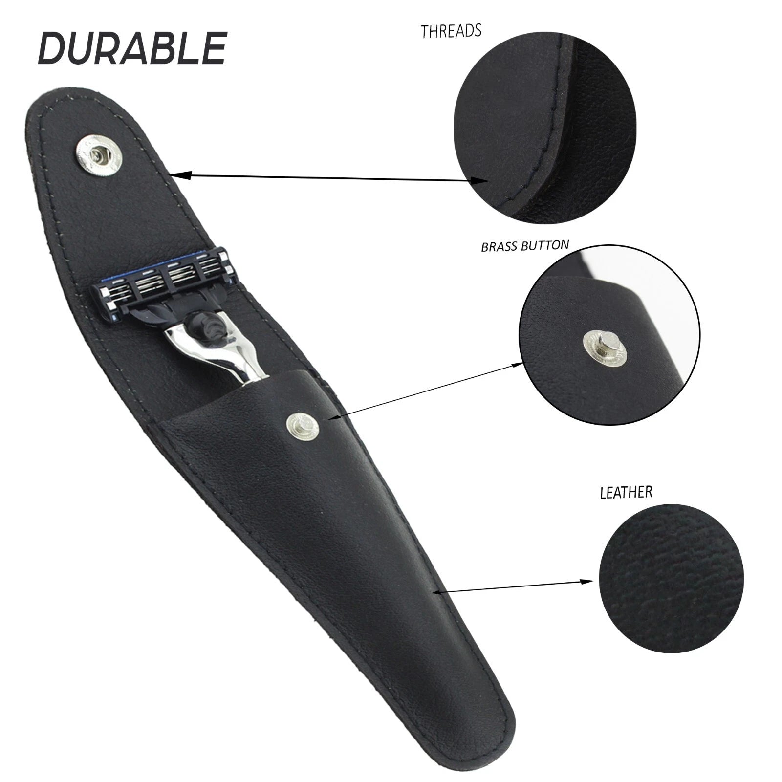 Black Leather Razor Pouch Travel Case for 5 Blade Razors - HARYALI LONDON