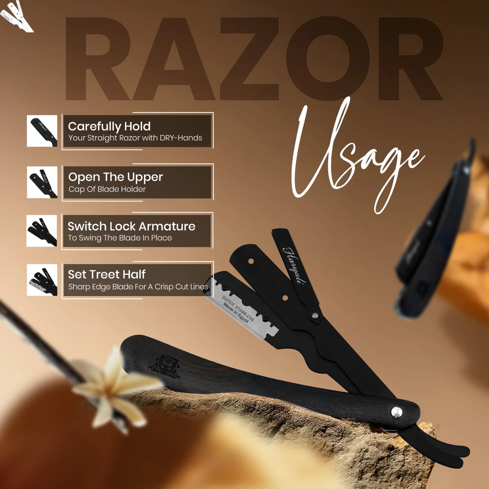 Dark Wood Cut Throat Straight Razor with Replaceable Blade - HARYALI LONDON