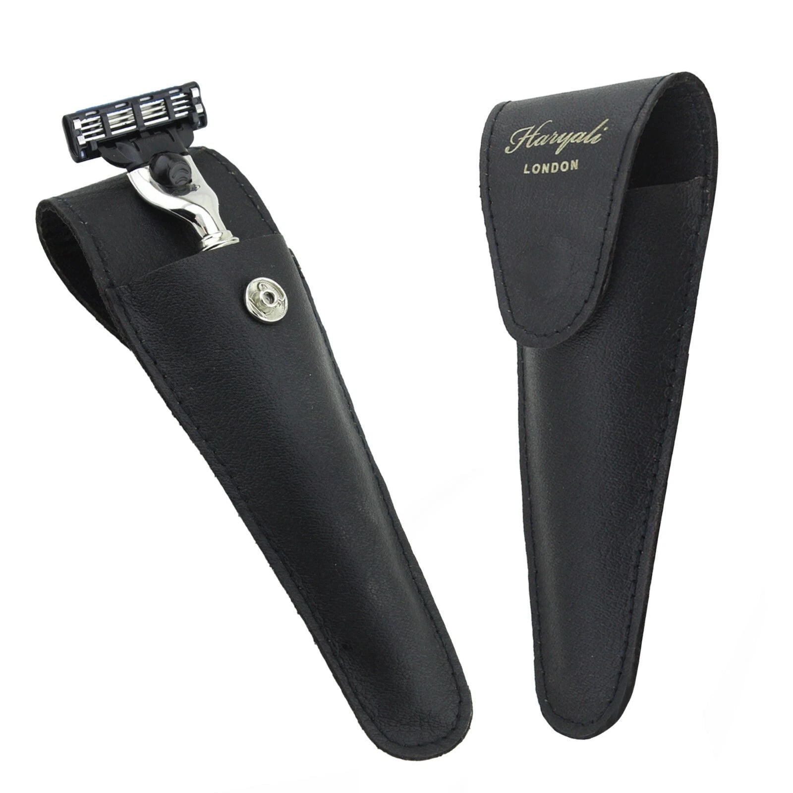Black Leather Razor Pouch Travel Case for 5 Blade Razors - HARYALI LONDON