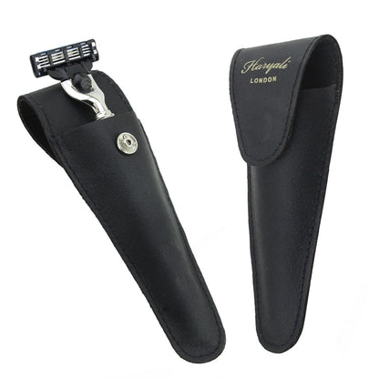 Black Leather Razor Pouch Travel Case for 5 Blade Razors - HARYALI LONDON