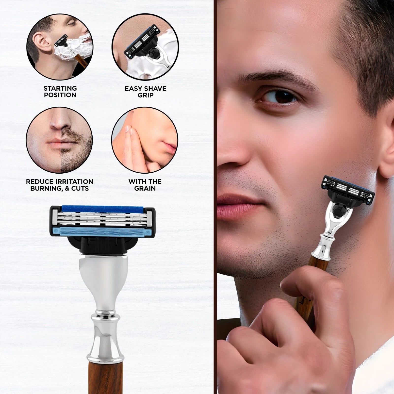 Smart Grip Round 3 Blade Shaving Razor in Wooden Finish - HARYALI LONDON