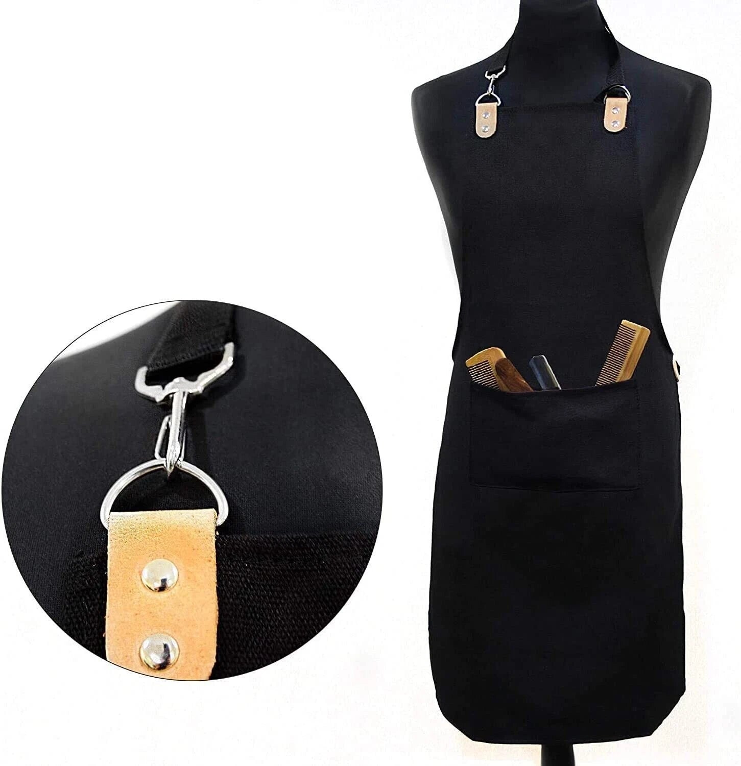 Waterproof Personalised Barber Apron Black with Pockets & Leather Straps
