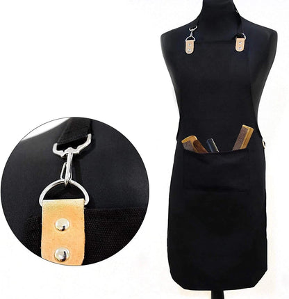 Waterproof Personalised Barber Apron Black with Pockets & Leather Straps
