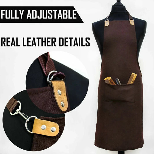 Waterproof Brown Barber Apron with Leather Straps & Pocket - HARYALI LONDON