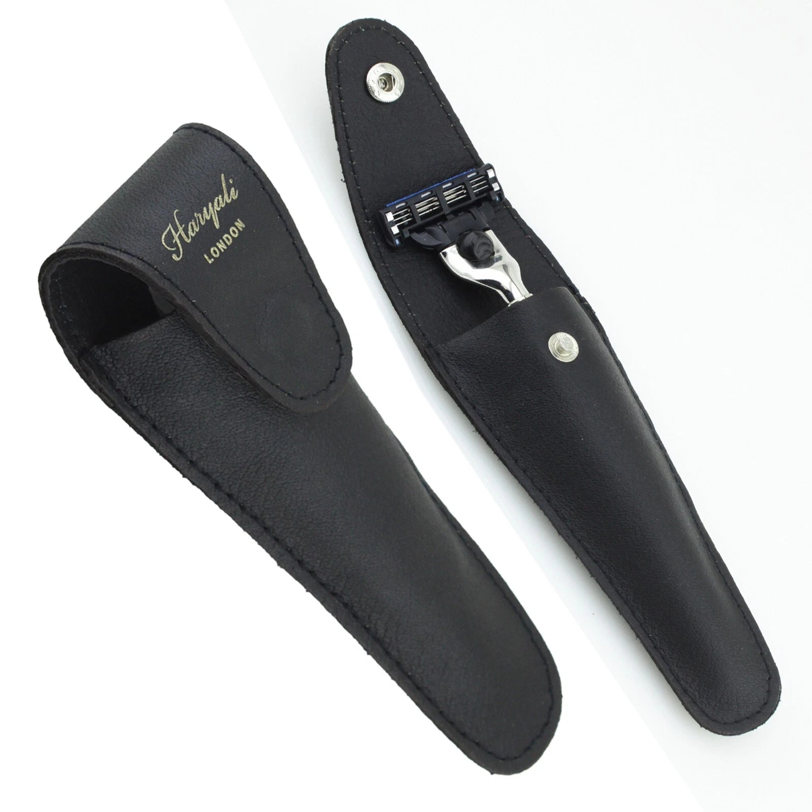 Black Leather Razor Pouch Travel Case for 5 Blade Razors - HARYALI LONDON