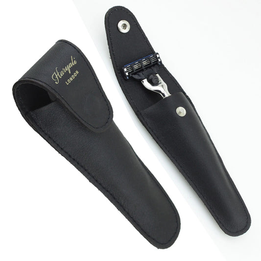 Black Leather Razor Pouch Travel Case for 5 Blade Razors - HARYALI LONDON
