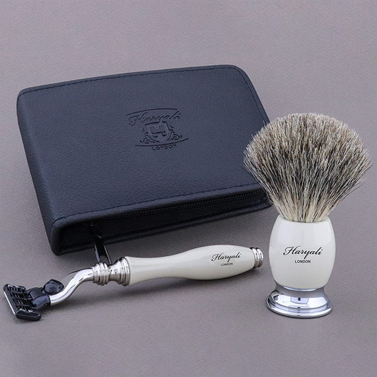 Haryali London 3Pcs Shaving Kit with 3 Edge Razor & Super Badger Brush with Leather Pouch - Shaving Gift Set - HARYALI LONDON